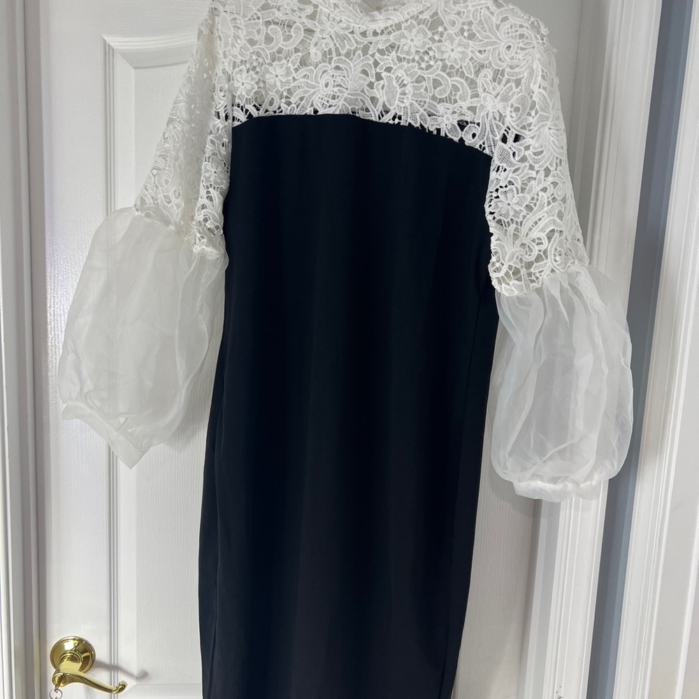 SHEIN Black and White Sheath Dress with Long Bishop Sleeves